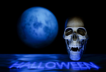 Vampire skull on black with blue moon, Halloween background concept - 3d render