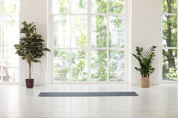 Yoga studio interior with windows, plants and unrolled mat - obrazy, fototapety, plakaty