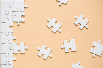 flat lay, unfinished white jigsaw