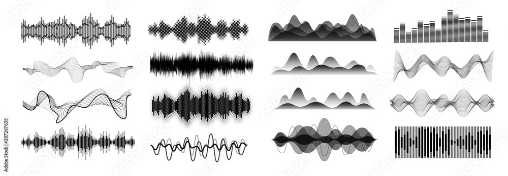 Wall mural Different sound waves black  isolated on white background. Equalizers template. Music audio frequency, voice line waveform, electronic radio signal, volume level symbol, curve radio, waves set. Vector