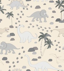 Seamless repeat pattern with a monochrome neutral dinosaur scene, palms, rocks and dino tracks © Pattern_Talent
