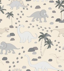 Seamless repeat pattern with a monochrome neutral dinosaur scene, palms, rocks and dino tracks