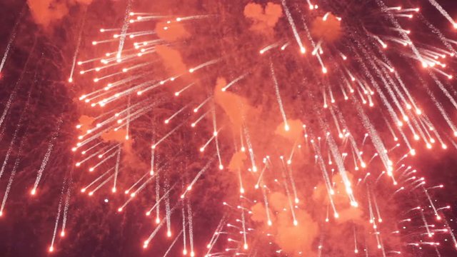Celebrating Victory Amazing Firework Show. Bright Salute Against Night Sky