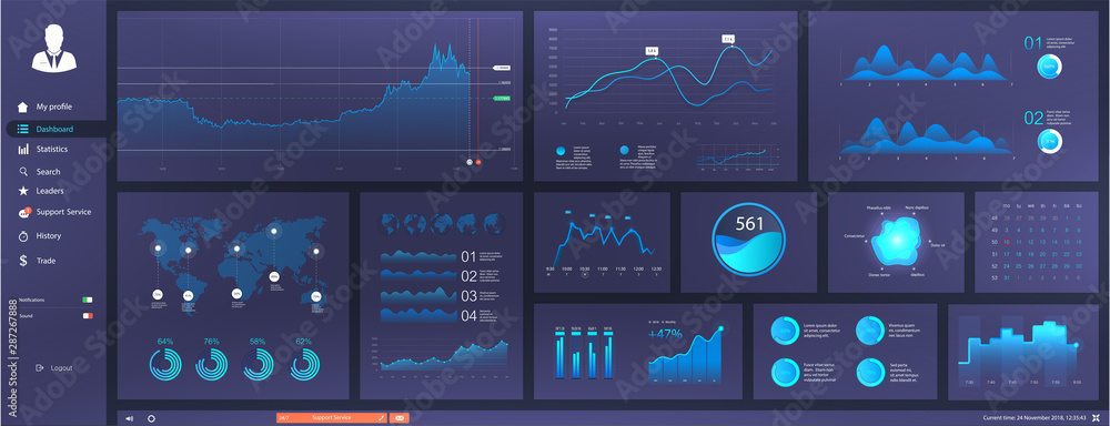 Poster Informative and simple dashboard for any site purposes. Colorful infographics template for business and other projects. Admin panel interface with futuristic blue interface. Vector elements set