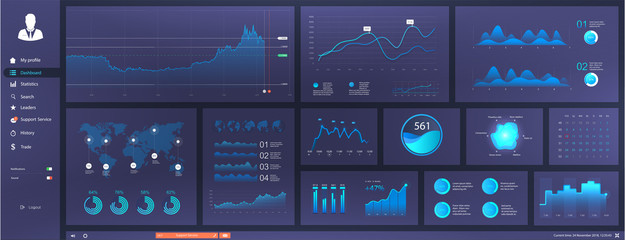 Informative and simple dashboard for any site purposes. Colorful infographics template for business and other projects. Admin panel interface with futuristic blue interface. Vector elements set