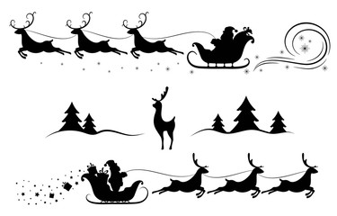 Santa Claus on sleigh with reindeer. Merry Christmas and New year. Design element  poster, banner, invitation, congratulations, postcards. Black silhouette. Isolation. Vector illustration