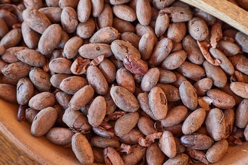 Cocoa beans in a pile being in a bowl
