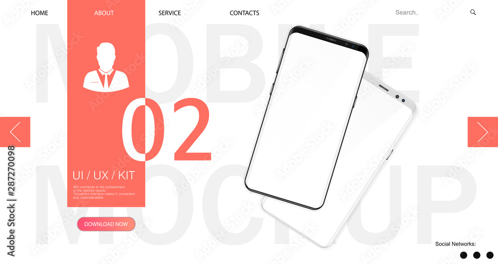 Poster Webpage Smartphone Mockup template with web interface and abstract design. 3D realistic phones. UI/UX/KIT design. Template for advertising or page to the site, marketing, presentation. Vector