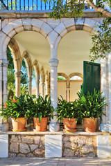 Fototapeta na wymiar Exterior of the terrace of an old building with columns, arches and pots with plants in the sunlight. Spain