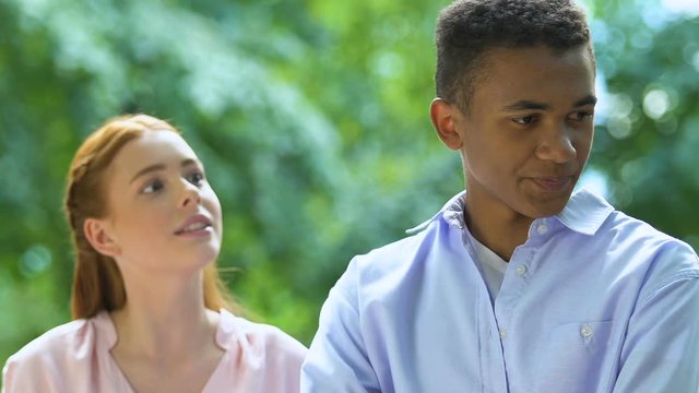 Talkative teen girl complaining about life, annoying boyfriend with demands