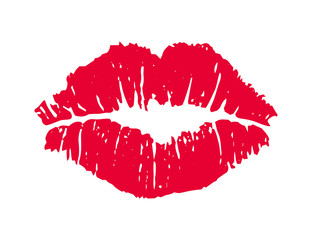 Female red lipstick kiss isolated on white background. 