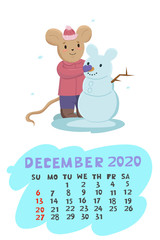 Calendar for December 2020 with a mouse that sculpts a snowman. Vector graphics.