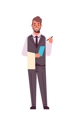 professional waiter making note man restaurant worker in uniform notepad and towel taking order concept flat full length white background vertical