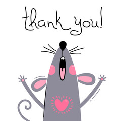 Vector illustration of a cute little mouse says thank you. Greeting card with a cute and funny rat