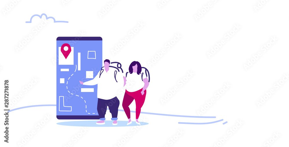 Poster tourists couple using mobile navigation app with location marker walking road on smartphone screen t