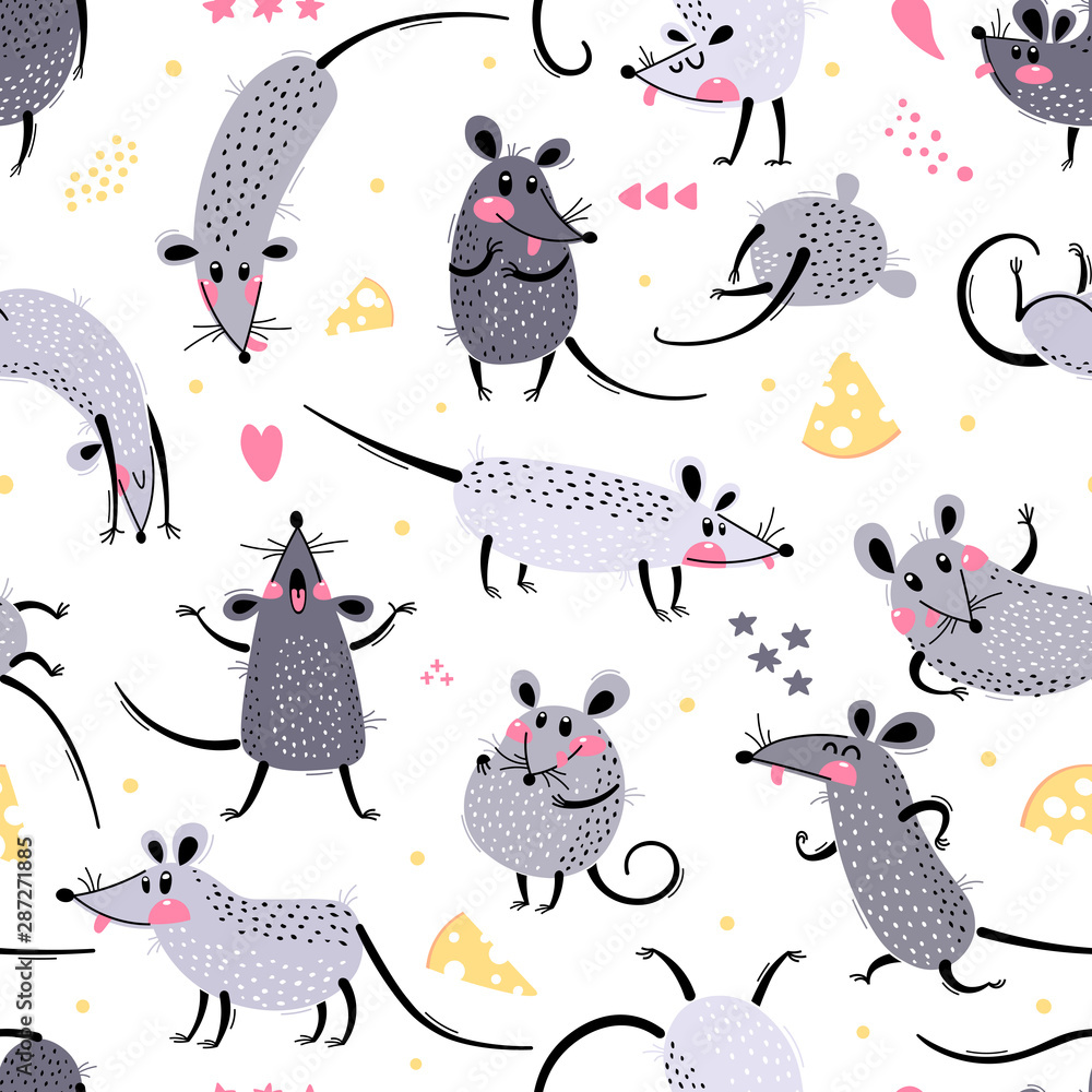 Poster seamless pattern with cute rats. funny little mice for a repeatable design of surfaces and fabrics. 