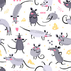 Seamless pattern with cute rats. Funny little mice for a repeatable design of surfaces and fabrics. Symbol of the New Year 2020. Vector illustration