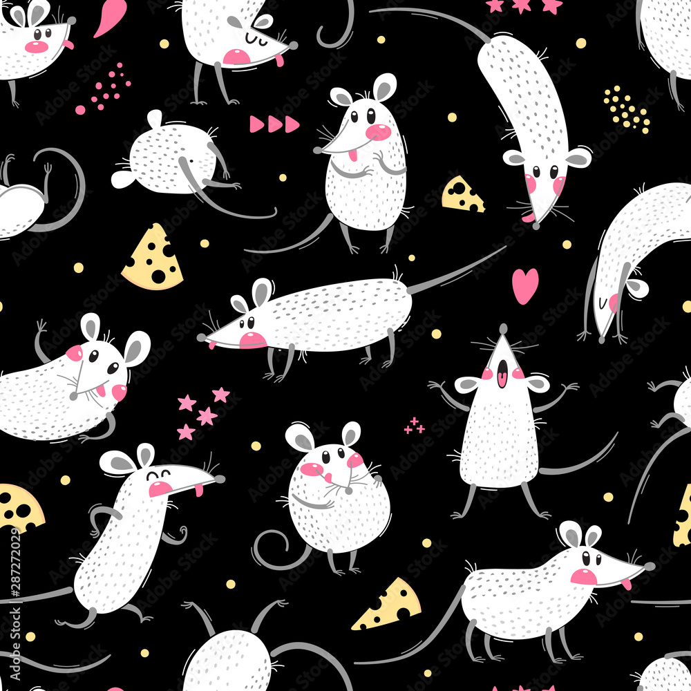 Poster seamless pattern with cute rats. funny little mice for a repeatable design of surfaces and fabrics. 
