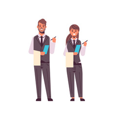 professional waiters couple making notes man woman restaurant workers in uniform holding notepad and towel taking order concept flat full length white background