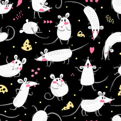 Seamless pattern with cute rats. Funny little mice for a repeatable design of surfaces and fabrics. Symbol of the New Year 2020. Vector illustration