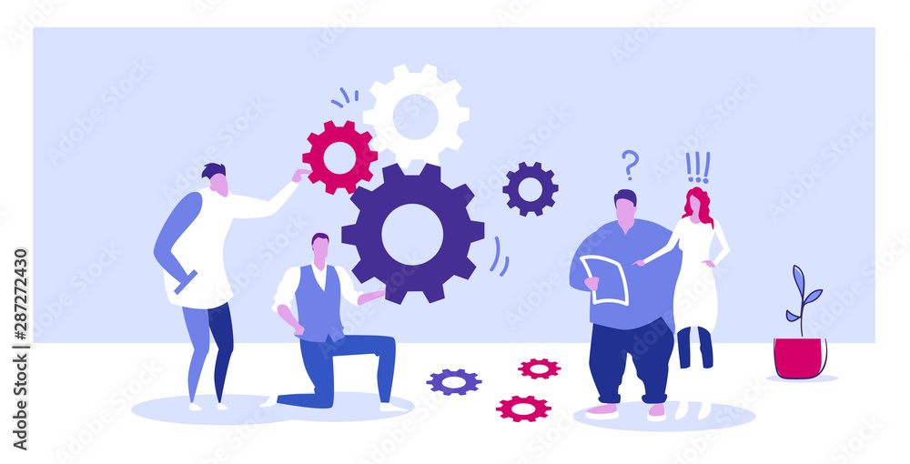 Aufkleber businesspople team controlling cogwheel processing mechanism colleagues brainstorming generating new