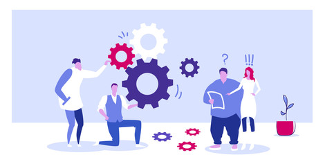 businesspople team controlling cogwheel processing mechanism colleagues brainstorming generating new business project concept sketch horizontal full length