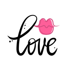 Hand written love lettering. Vector card with sign love and female lipstick kiss.