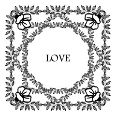 Template of card love, with plant of leaves and wreath frame. Vector
