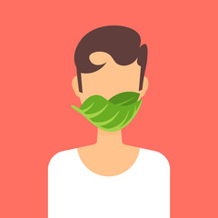 man wearing protective face mask in leaves shape green energy ecology environment protection concept guy profile avatar male cartoon character portrait flat