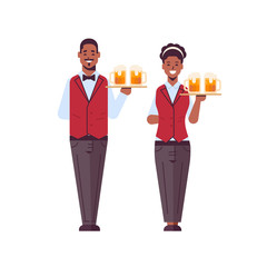 professional waiters couple holding serving trays with glasses of beer african american man woman restaurant workers in uniform carrying alcohol drinks flat full length white background