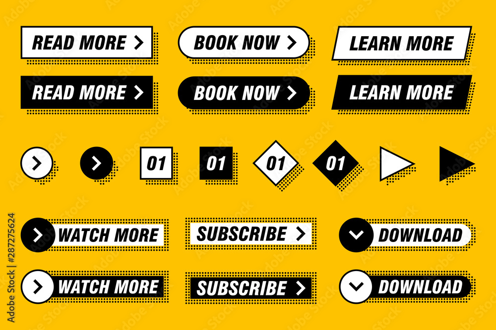 Poster set of modern buttons in different designs and colors like yellow, black, white. ready to use in you