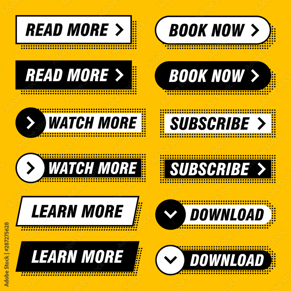 Poster set of modern buttons in different designs and colors like yellow, black, white. ready to use in you