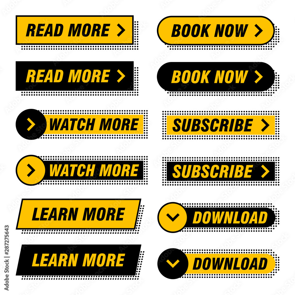 Poster set of modern buttons in different designs and colors like yellow, black, white. ready to use in you