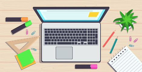 workplace desk top angle view laptop notepad and office supplies knowledge education learning concept flat horizontal