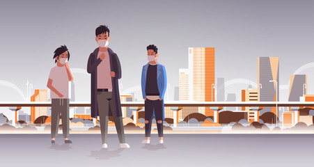 people wearing face masks environmental industrial smog dust toxic air pollution virus protection concept guys walking outdoor city building cityscape skyline background full length horizontal