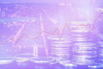 Naklejka premium Double exposure of graph and rows of coins for finance and business concept, Financial investment concept, Forex trading candlestick chart economic, ECN Digital economy, business and money, Marketing.