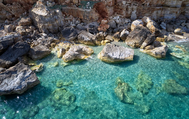 Aerial view of mediterranean sea coast near Geropotamos beach with transparent water. Crete, Greece