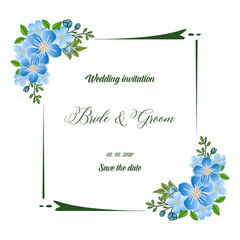 Wedding design template for greeting card bride and groom, with nature leaves and colorful flower frame. Vector