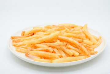 French fries on white dish and white background.