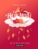 Autumn leaves background. Seasonal lettering.vector illustration.Promotion sale banner of autumn season.
