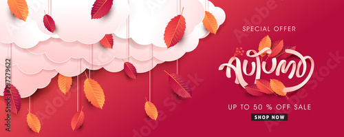 Autumn leaves background. Seasonal lettering.vector illustration.Promotion sale banner of autumn season.