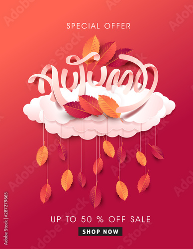 Autumn leaves background. Seasonal lettering.vector illustration.Promotion sale banner of autumn season.