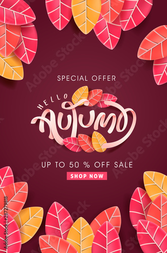 Autumn leaves background. Seasonal lettering.vector illustration.Promotion sale banner of autumn season.