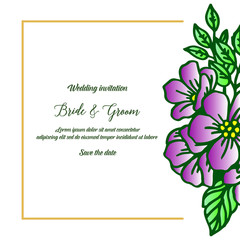 Graphic green leaves and purple wreath frame, for style design of card bride and groom. Vector