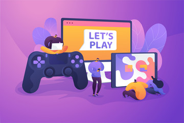 Cross-platform play, cross-play, cross-platform gaming on different video game hardware concept. Vector isolated concept illustration with tiny people and floral elements. Hero image for website. © Visual Generation