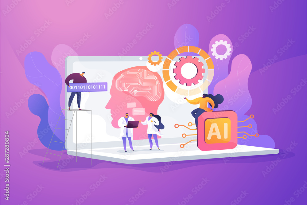 Poster brain with neural network on laptop and scientists, tiny people. artificial intelligence,machine lea
