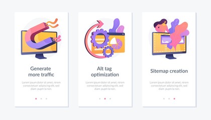 Website promotion services icons set. Search engine optimization business. Generate more traffic, alt tag optimization, sitemap creation metaphors. Website web page template - concept metaphors.. - obrazy, fototapety, plakaty