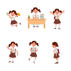 cute children go to school. A student with a bag, books, pencils returns to school. Set of cute school kids. Set of girls with school supplies. Education vector. isolated boy
