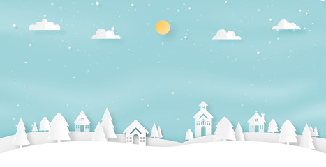 Paper art of winter season landscape and christmas concept background with white house and pine forest.Vector illustration.
