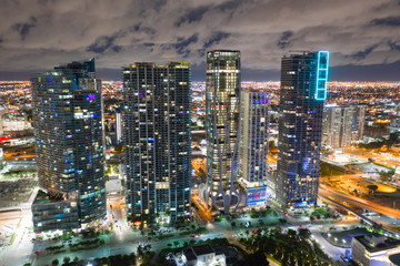 Fototapeta na wymiar Aerial night photo skyscrapers at Downtown Miami FL